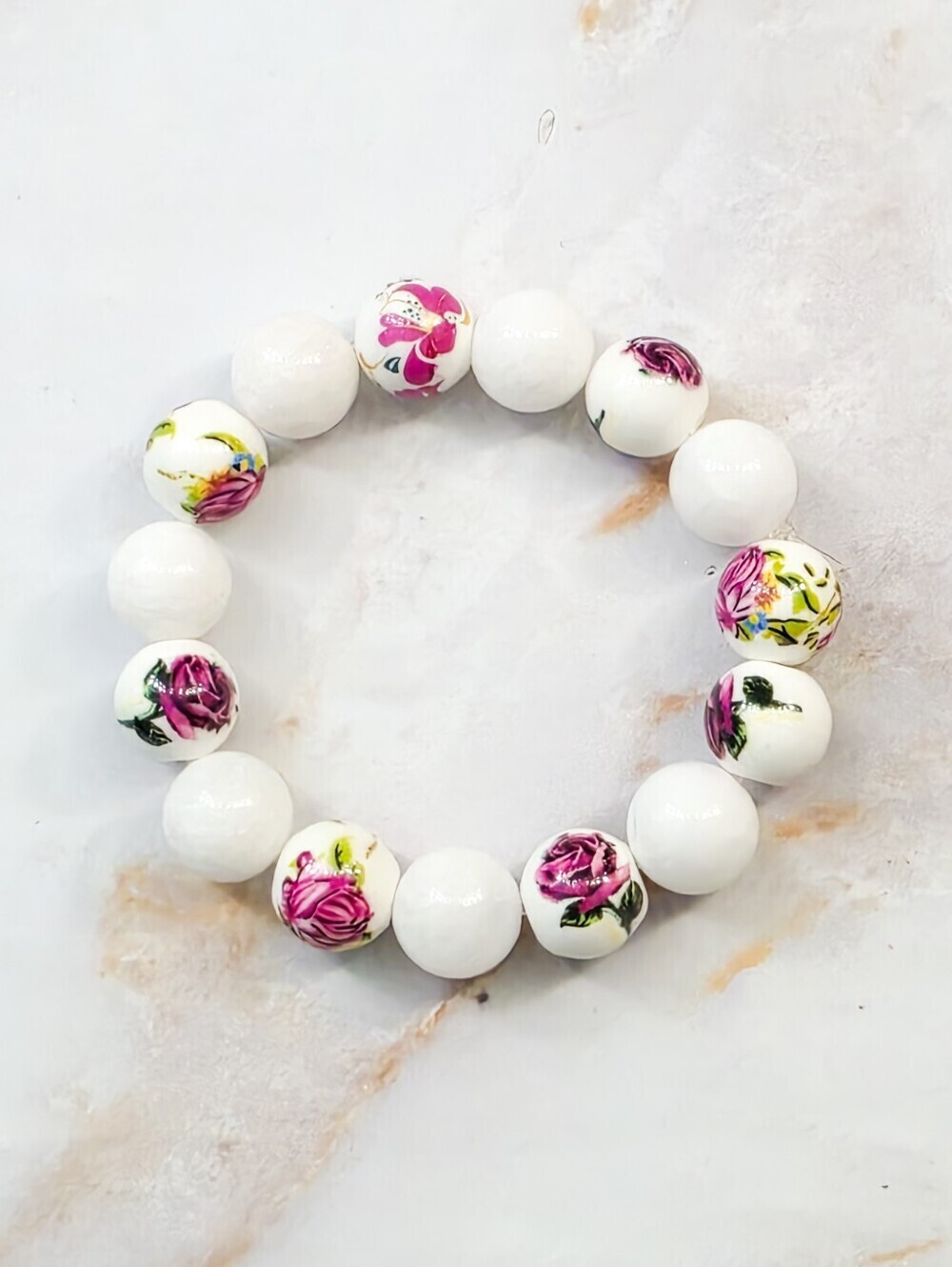​Floral Porcelain Rose Bead Bracelet Romantic White Stretch Bracelet